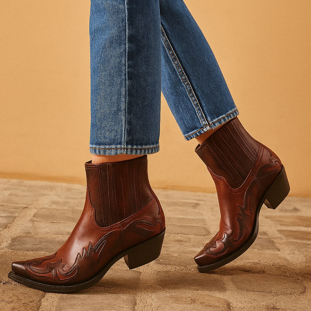 Edith | Damskie skórzane kowbojki, botki w stylu western | Rokishi | Czarny