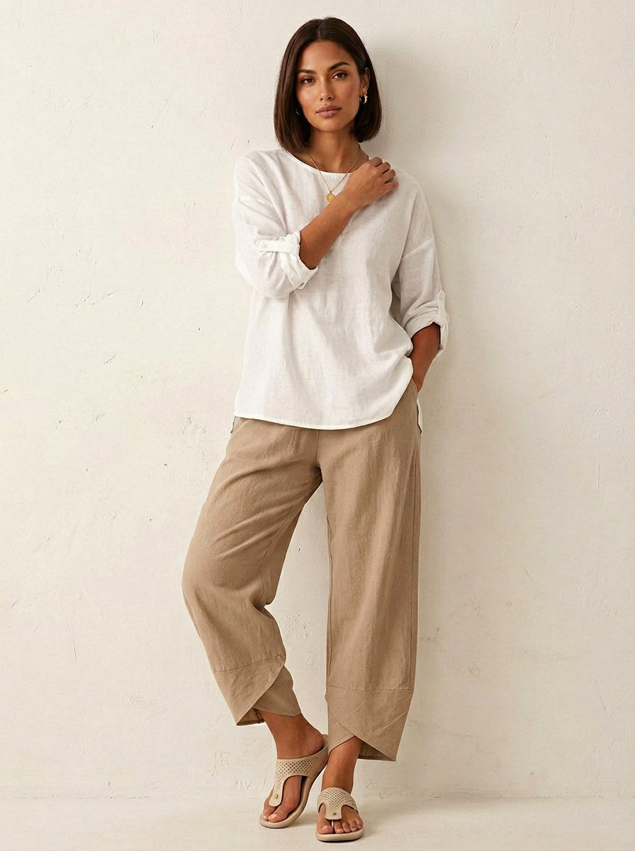 Esme | Damskie lekkie lniane spodnie, przewiewne spodnie jesienne | Rokishi | Khaki
