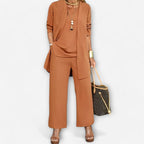Ewa | Damski trzyczęściowy komplet domowy, miękki zestaw z dzianinowym kardiganem | Rokishi | Brązowy