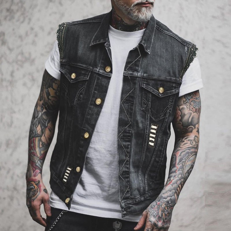 Fabian | Męska kamizelka jeansowa, bezrękawnikowa z wyrazistą sylwetką streetwear | Rokishi | Czarny