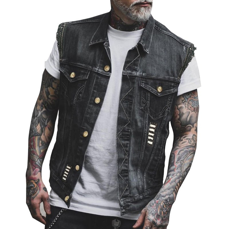 Fabian | Męska kamizelka jeansowa, bezrękawnikowa z wyrazistą sylwetką streetwear | Rokishi | Czarny