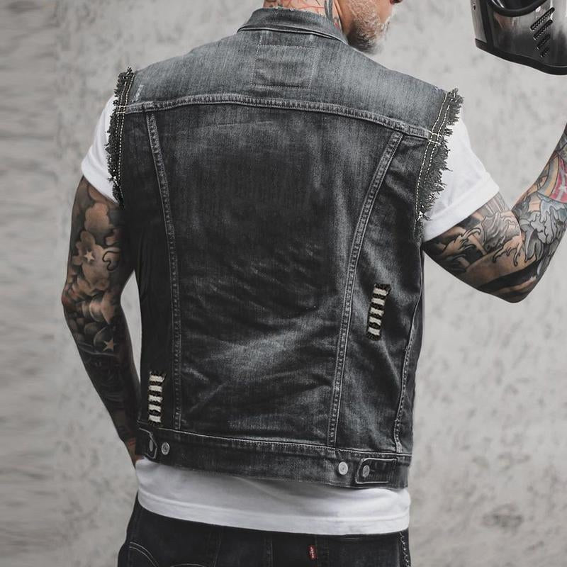 Fabian | Męska kamizelka jeansowa, bezrękawnikowa z wyrazistą sylwetką streetwear | Rokishi | Czarny