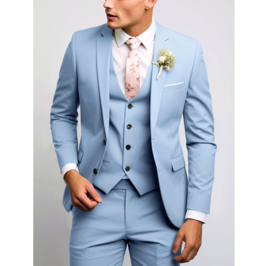 Felix | Męski garnitur dla gości weselnych w kroju slim fit, garnitur trzyczęściowy | Rokishi | Jasnoniebieski