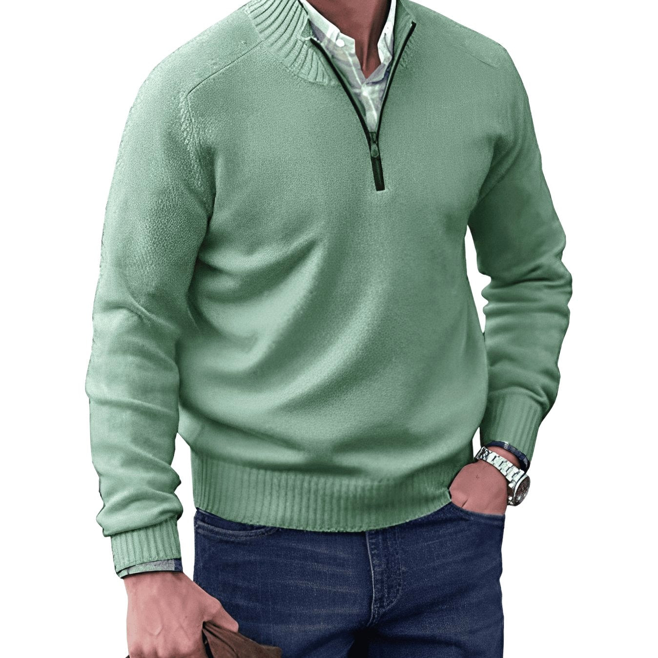 Gustav | Męski sweter z dzianiny z zamkiem i stójką, sweter z długim rękawem | Rokishi | Czarny