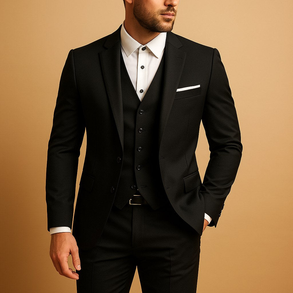 Heinrich | Męski garnitur slim fit, trzyczęściowy garnitur ślubny z kamizelką | Rokishi | Czarny