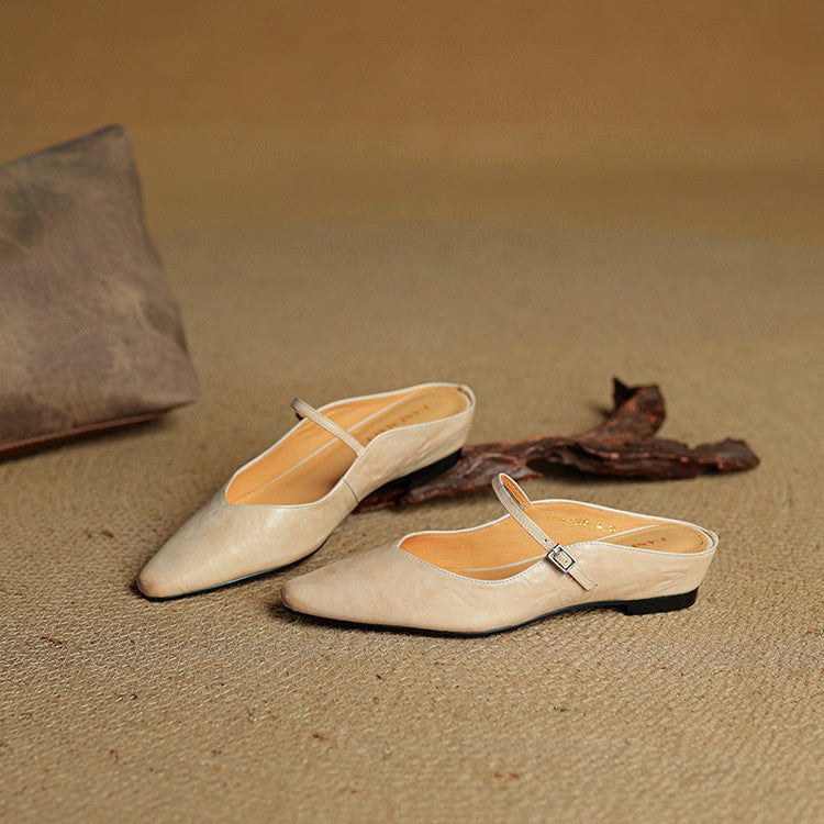 Holly | Damskie skórzane mule Mary Jane, wygodne buty ze szpiczastym noskiem | Rokishi | Beżowy