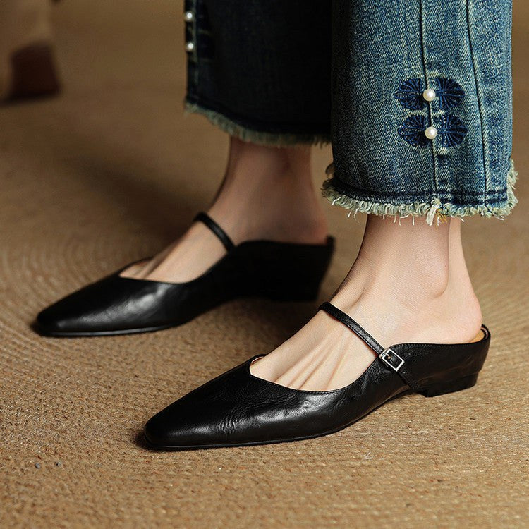 Holly | Damskie skórzane mule Mary Jane, wygodne buty ze szpiczastym noskiem | Rokishi | Bordowy