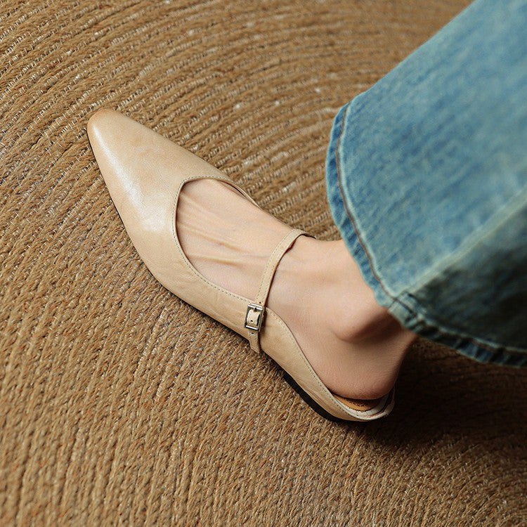 Holly | Damskie skórzane mule Mary Jane, wygodne buty ze szpiczastym noskiem | Rokishi | Beżowy