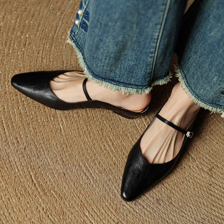 Holly | Damskie skórzane mule Mary Jane, wygodne buty ze szpiczastym noskiem | Rokishi | Czarny