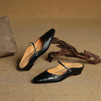 Holly | Damskie skórzane mule Mary Jane, wygodne buty ze szpiczastym noskiem | Rokishi | Czarny