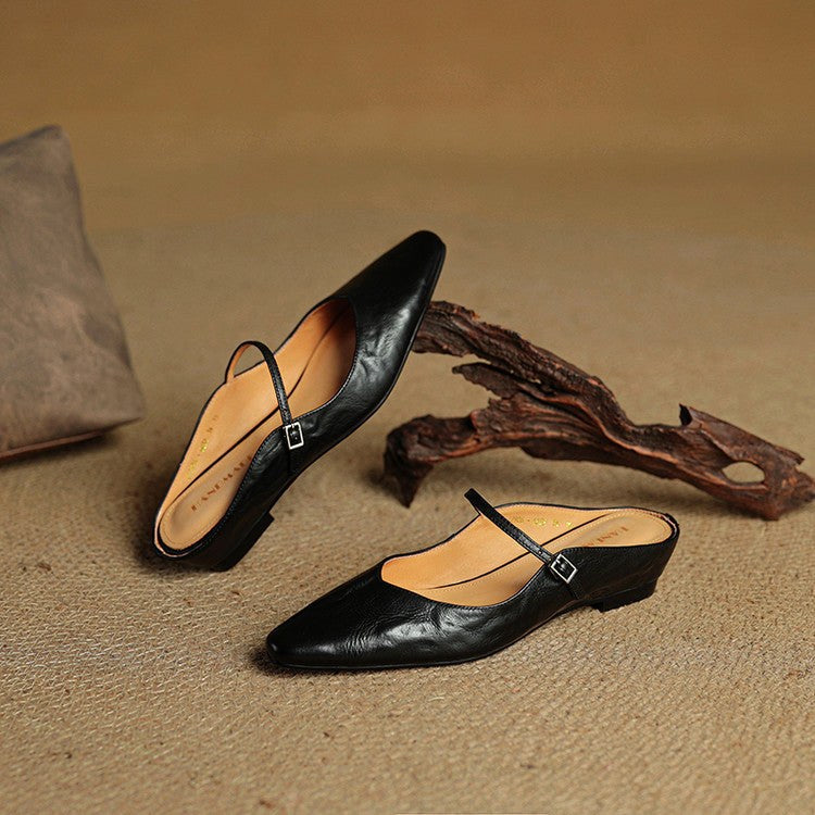 Holly | Damskie skórzane mule Mary Jane, wygodne buty ze szpiczastym noskiem | Rokishi | Czarny
