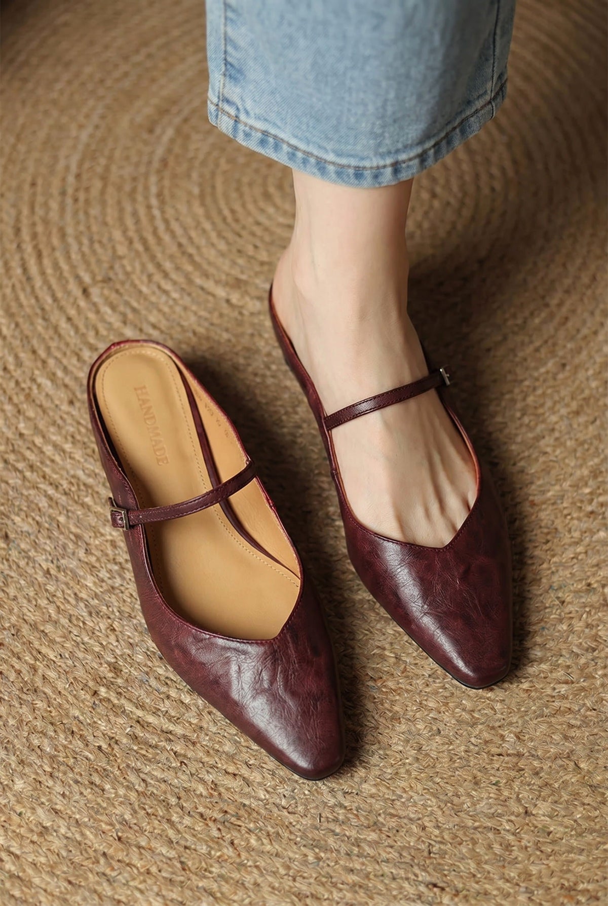 Holly | Damskie skórzane mule Mary Jane, wygodne buty ze szpiczastym noskiem | Rokishi | Beżowy