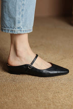 Holly | Damskie skórzane mule Mary Jane, wygodne buty ze szpiczastym noskiem | Rokishi | Czarny