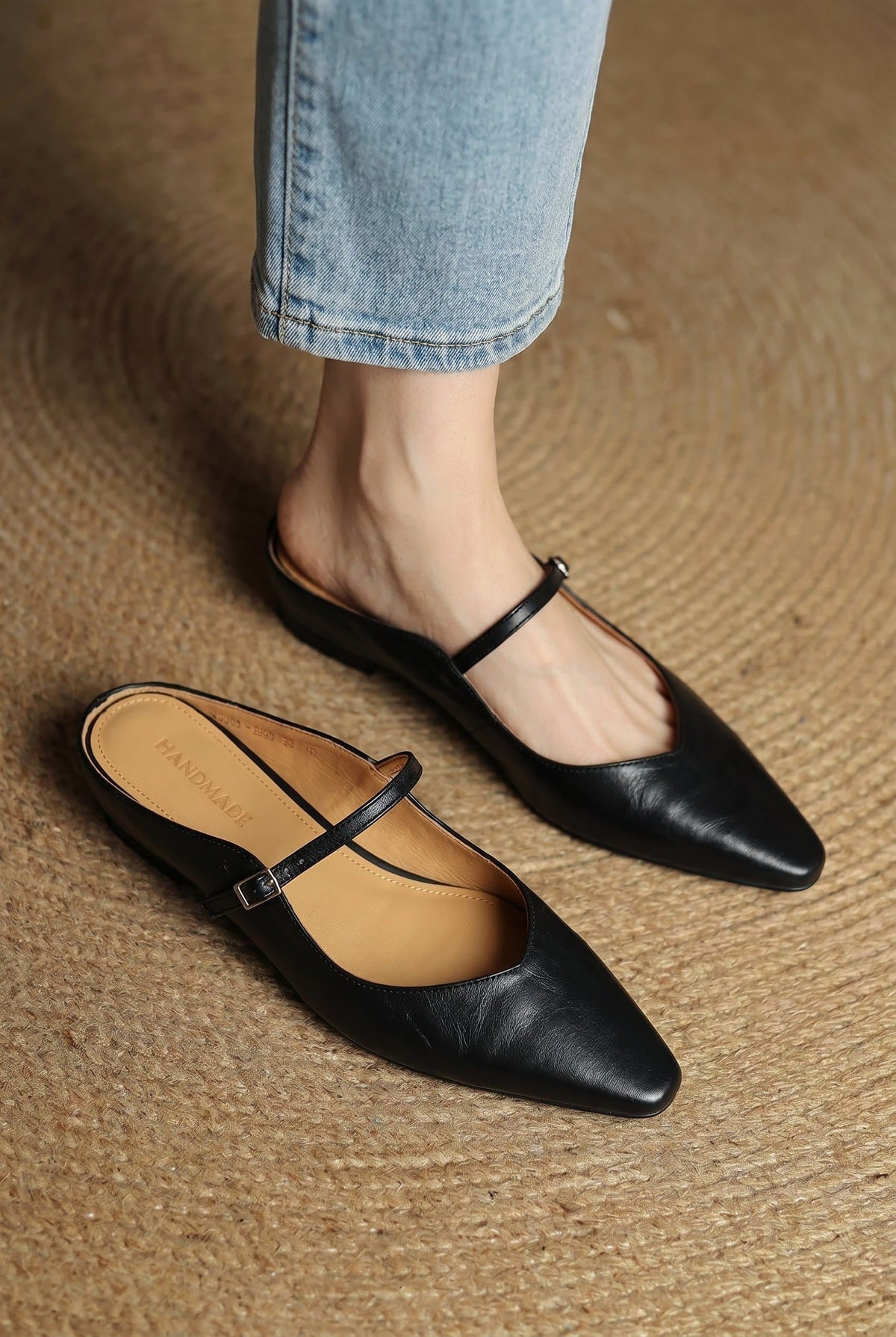 Holly | Damskie skórzane mule Mary Jane, wygodne buty ze szpiczastym noskiem | Rokishi | Beżowy