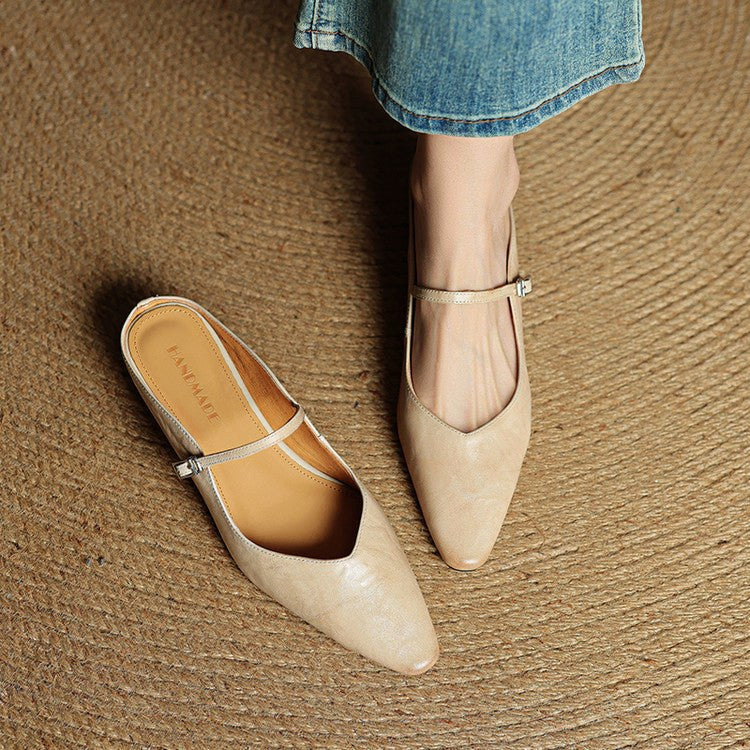 Holly | Damskie skórzane mule Mary Jane, wygodne buty ze szpiczastym noskiem | Rokishi | Beżowy