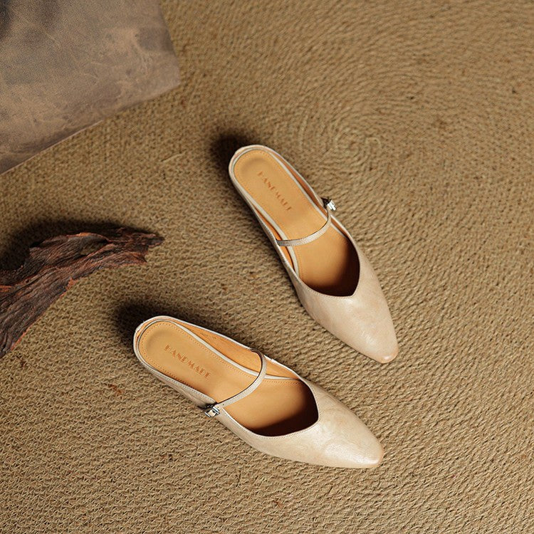 Holly | Damskie skórzane mule Mary Jane, wygodne buty ze szpiczastym noskiem | Rokishi | Beżowy