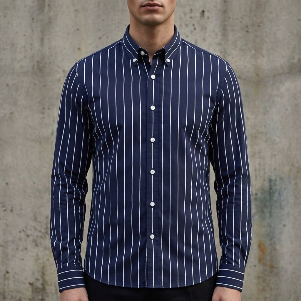 Isaac | Męska koszula w paski z mieszanki bawełny, koszula smart casual z długim rękawem | Rokishi | Biało-czarny w paski