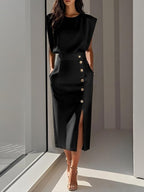 Isabelle | Damska bezrękawowa sukienka midi z zapięciem na guziki, sukienka midi o kroju litery A | Rokishi | Beżowy