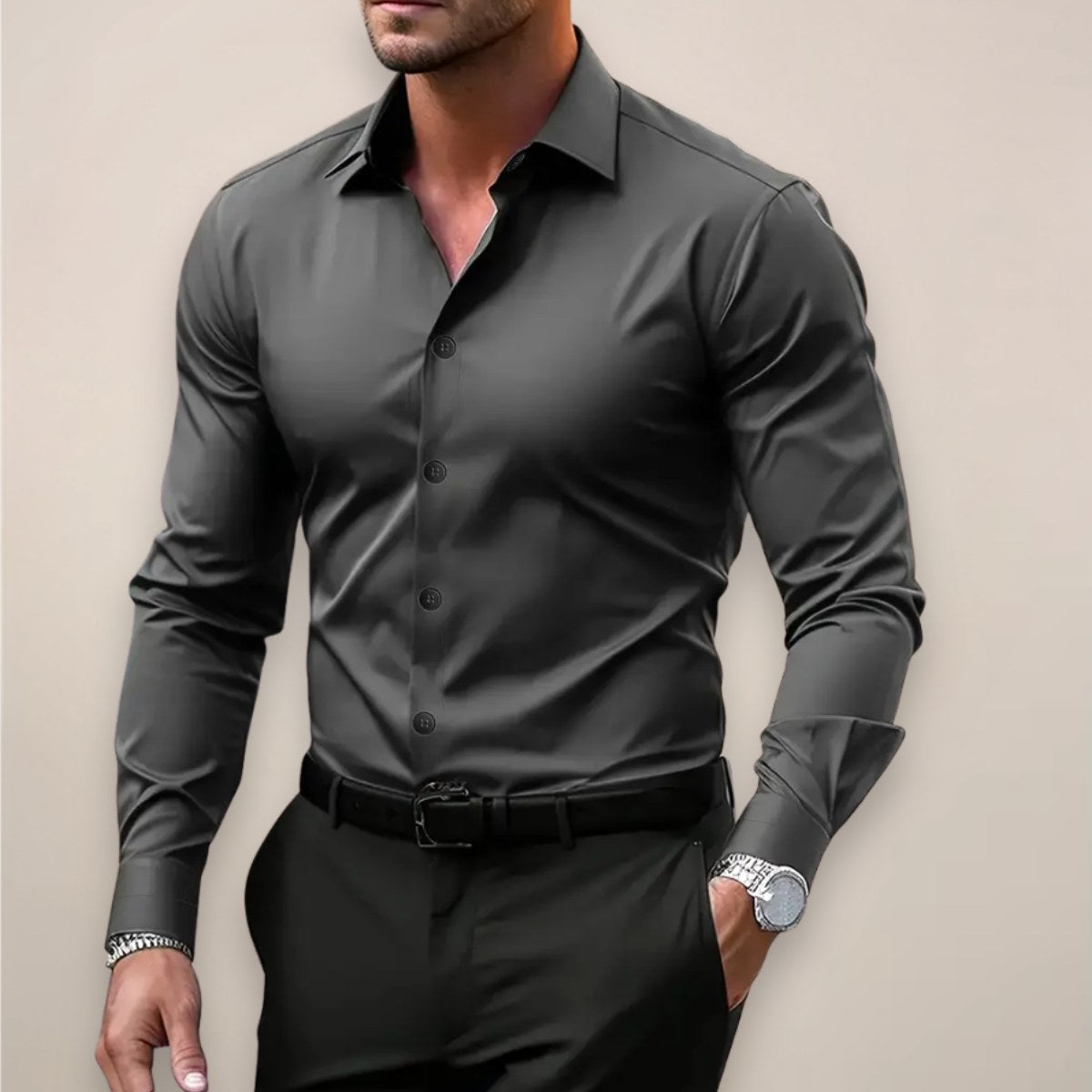 James | Męska elegancka koszula z długim rękawem, dopasowana koszula biznesowa | Rokishi | Ciemny szary