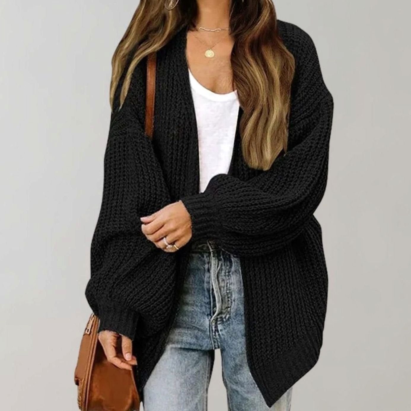Johanna | Damski oversize'owy kardigan z otwartym przodem, luźny kardigan narzutkowy | Rokishi | Czarny