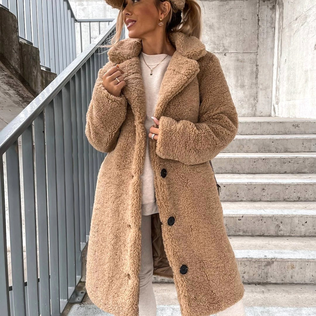 Juliette | Damski oversize'owy długi płaszcz teddy, jesienny płaszcz o miękkiej fakturze | Rokishi | Beżowy