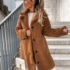 Juliette | Damski oversize'owy długi płaszcz teddy, jesienny płaszcz o miękkiej fakturze | Rokishi | Beżowy