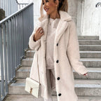 Juliette | Damski oversize'owy długi płaszcz teddy, jesienny płaszcz o miękkiej fakturze | Rokishi | Beżowy