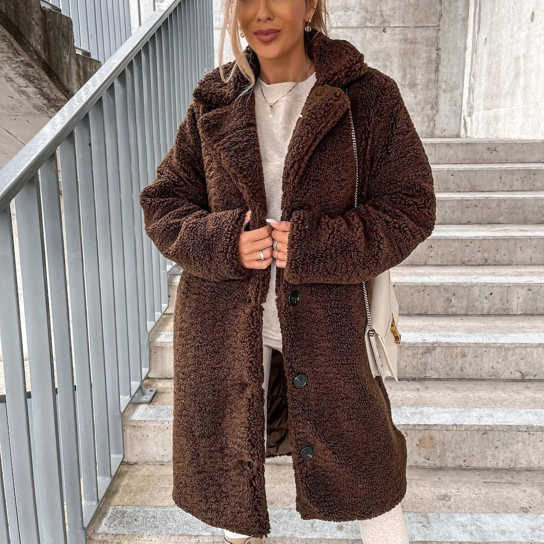 Juliette | Damski oversize'owy długi płaszcz teddy, jesienny płaszcz o miękkiej fakturze | Rokishi | Beżowy