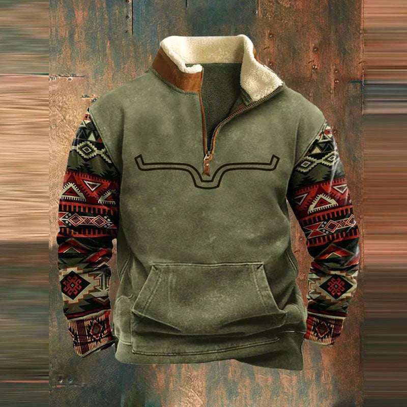 Kieran | Męska bluza polarowa z krótkim zamkiem w stylu western, ocieplana futerkiem sherpa | Rokishi | Pomarańczowy