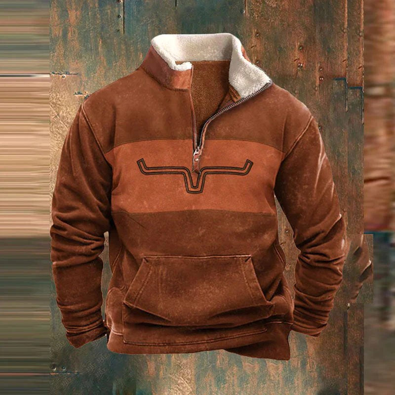 Kieran | Męska bluza polarowa z krótkim zamkiem w stylu western, ocieplana futerkiem sherpa | Rokishi | Pomarańczowy