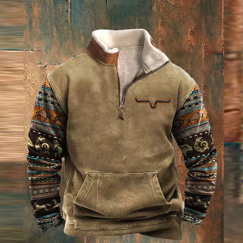 Kieran | Męska bluza polarowa z krótkim zamkiem w stylu western, ocieplana futerkiem sherpa | Rokishi | Pomarańczowy