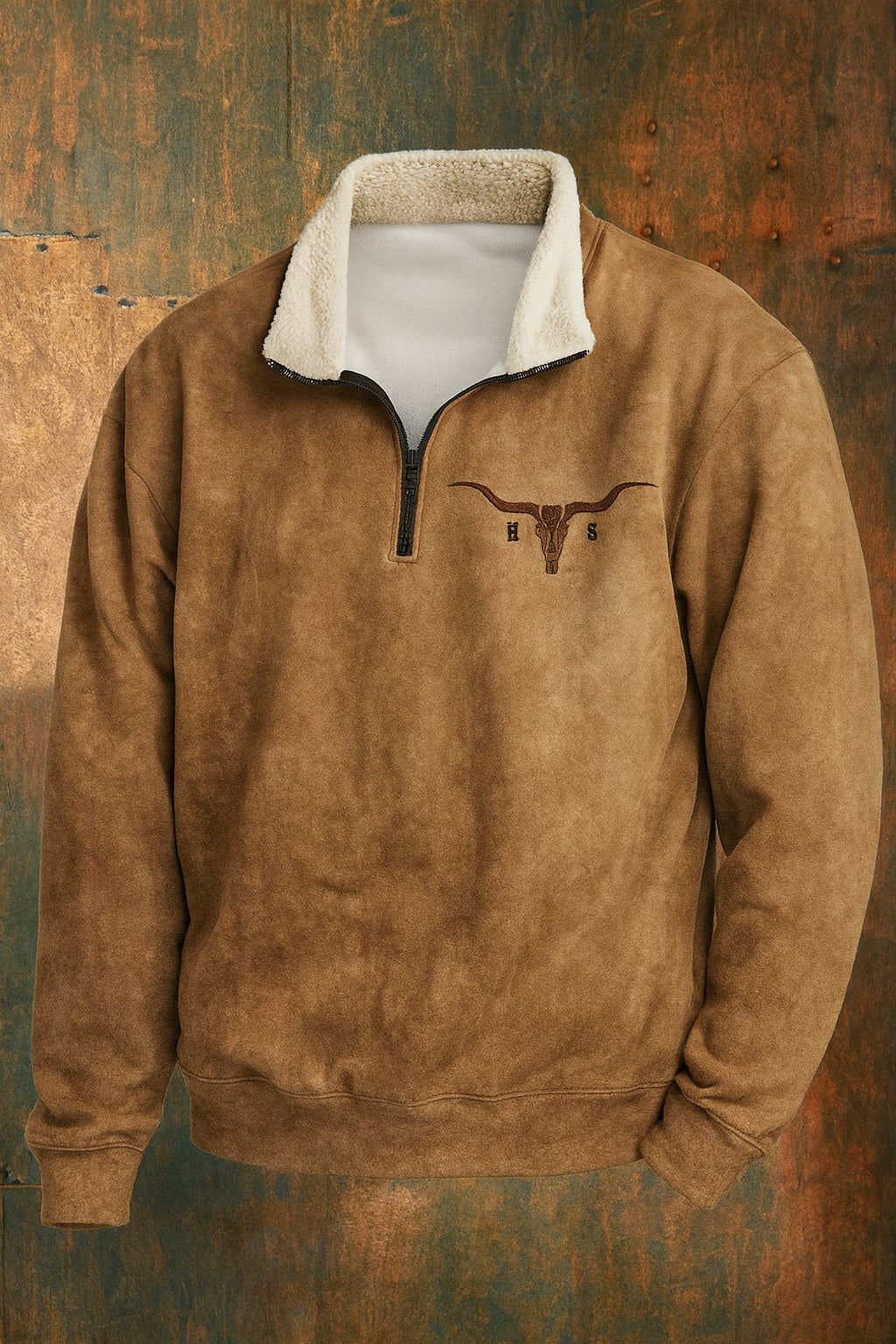 Kieran | Męska bluza polarowa z krótkim zamkiem w stylu western, ocieplana futerkiem sherpa | Rokishi | Pomarańczowy