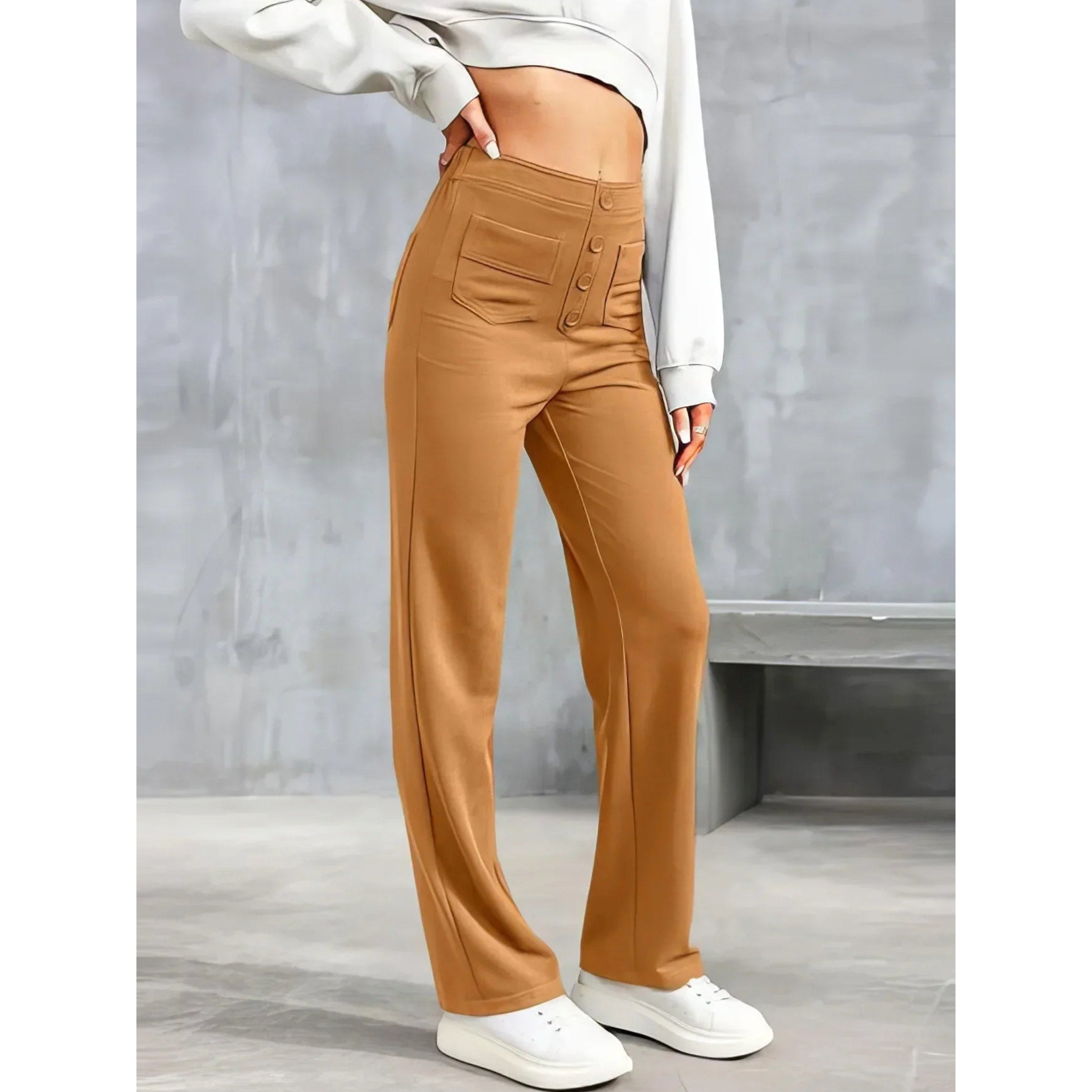 Lottie | Damskie spodnie stretch z wysokim stanem, wygodne spodnie codzienne | Rokishi | Zielony