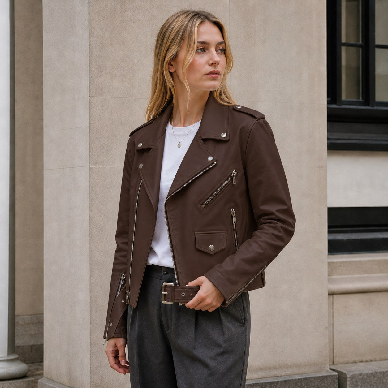 Mabel | Damska skórzana kurtka w stylu vintage, dopasowana kurtka z zamkiem | Rokishi | Brązowy