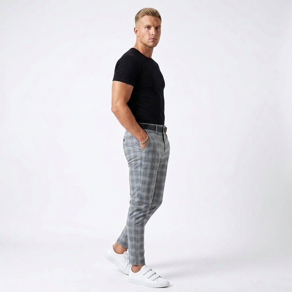 Marek | Męskie spodnie w kratę windowpane, eleganckie spodnie biznesowe | Rokishi