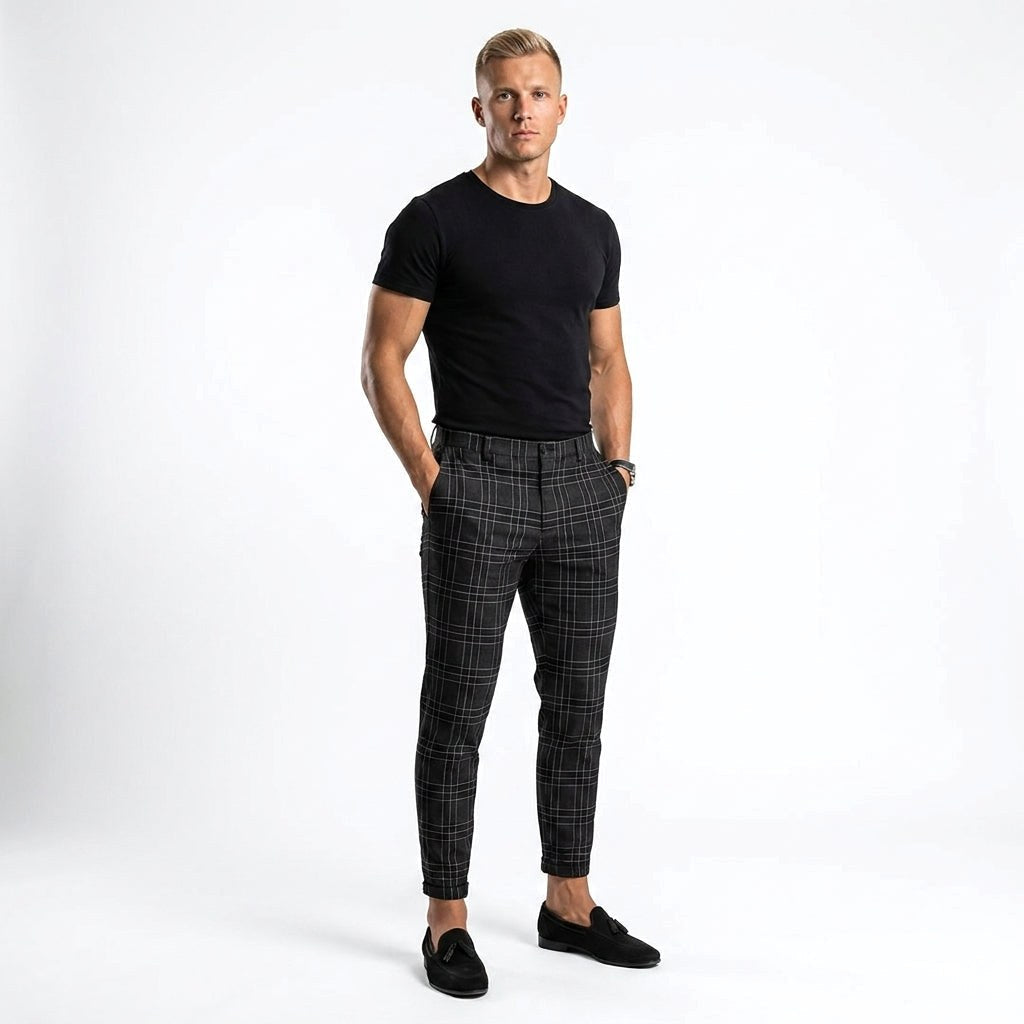 Marek | Męskie spodnie w kratę windowpane, eleganckie spodnie biznesowe | Rokishi