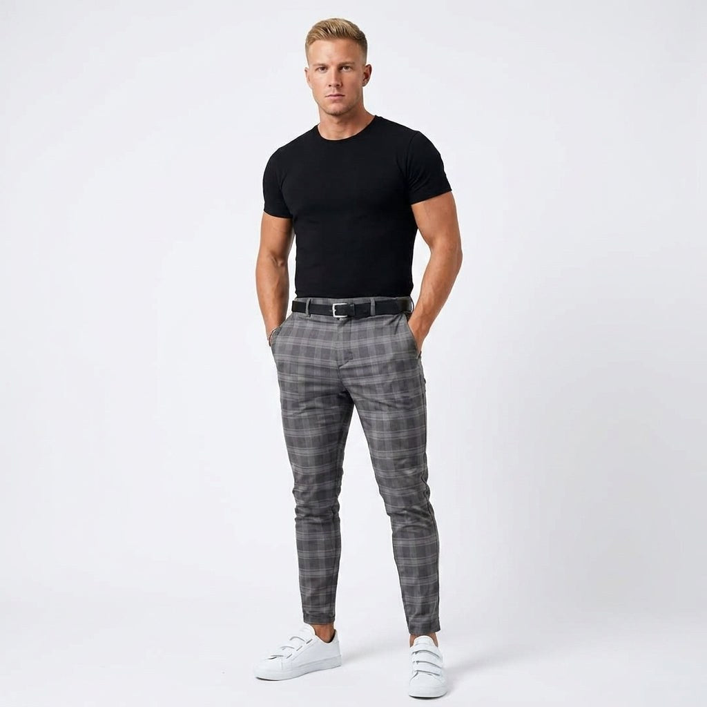Marek | Męskie spodnie w kratę windowpane, eleganckie spodnie biznesowe | Rokishi