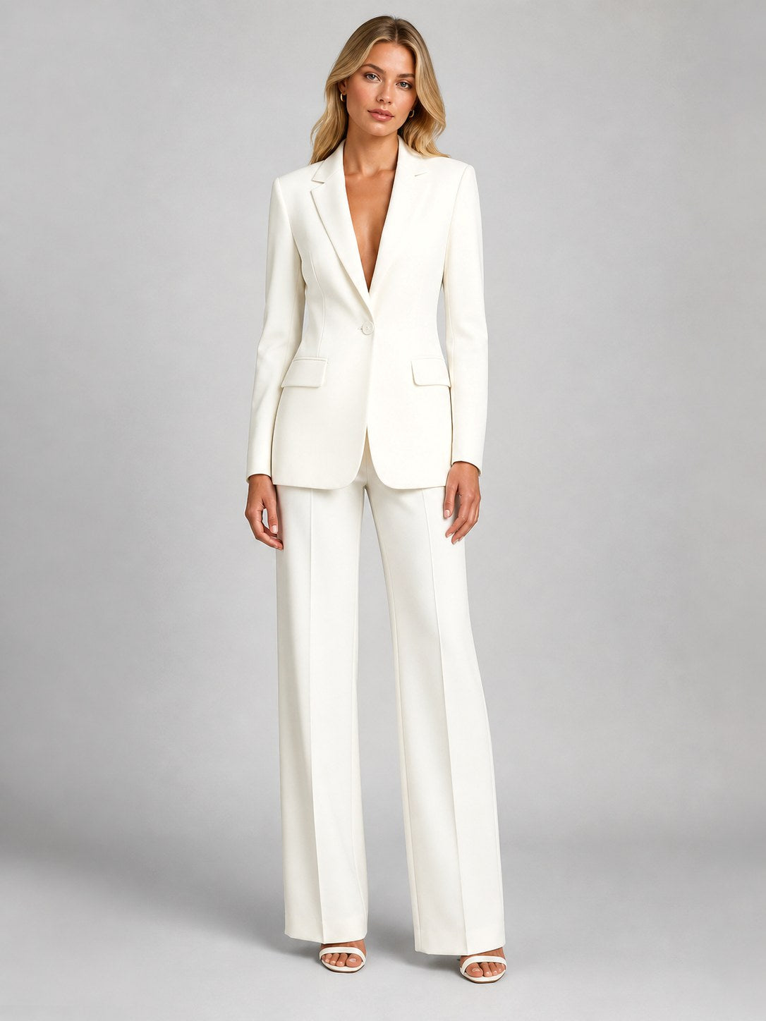 Martha | Damski dopasowany blazer z szerokimi spodniami, elegancki komplet na wyjątkowe okazje | Rokishi | Biały