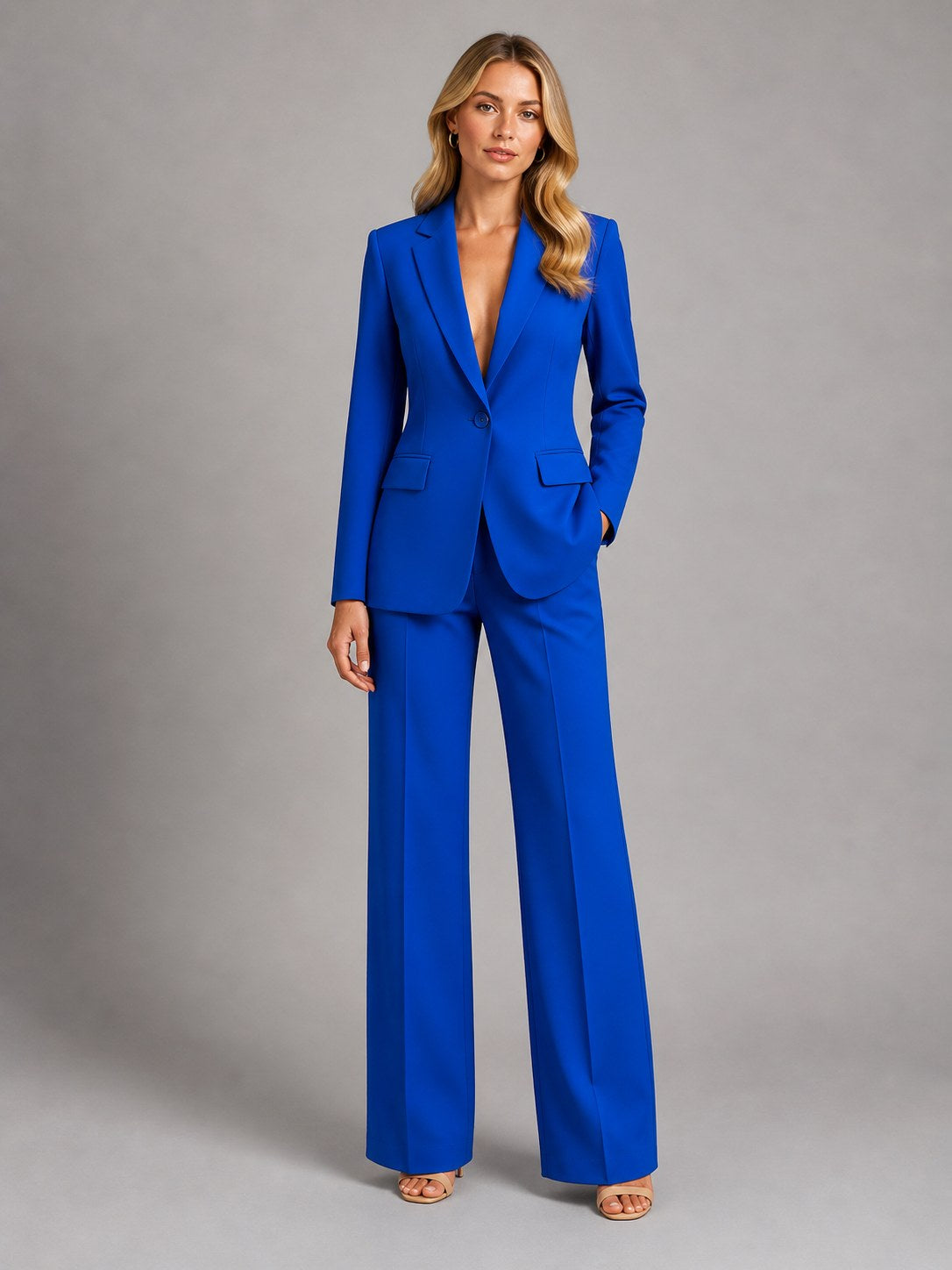 Martha | Damski dopasowany blazer z szerokimi spodniami, elegancki komplet na wyjątkowe okazje | Rokishi | Biały
