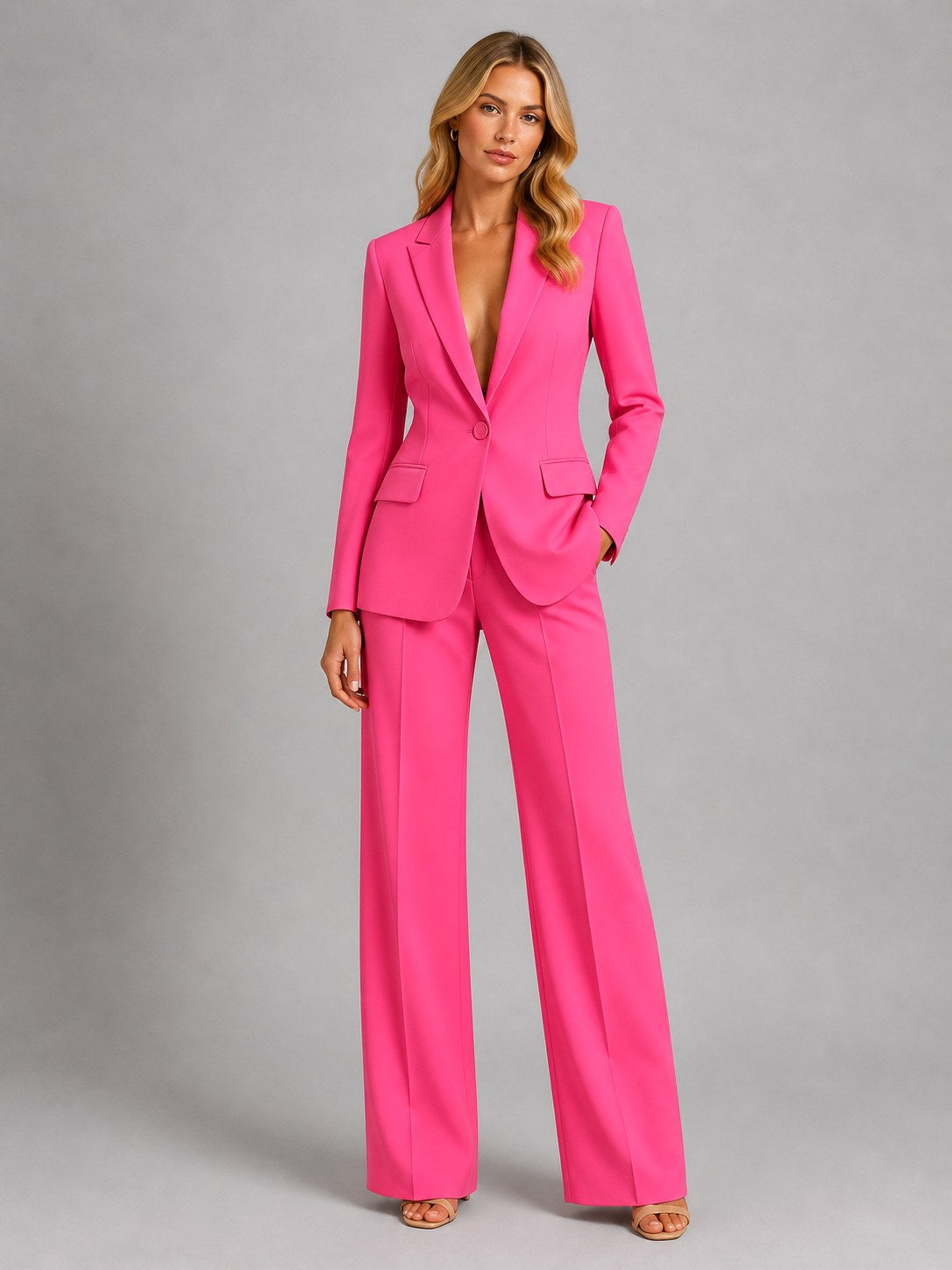 Martha | Damski dopasowany blazer z szerokimi spodniami, elegancki komplet na wyjątkowe okazje | Rokishi | Biały