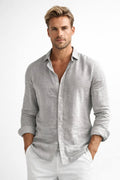 Matthew | Męska lniana koszula button-down, luźna koszula z długim rękawem | Rokishi | Szary