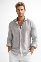 Matthew | Męska lniana koszula button-down, luźna koszula z długim rękawem | Rokishi | Szary