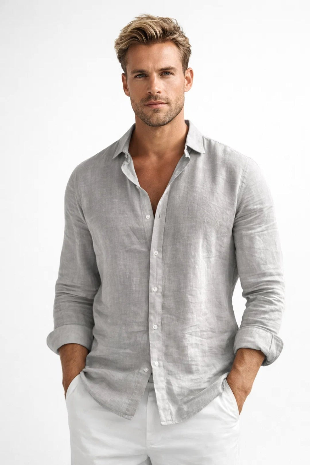 Matthew | Męska lniana koszula button-down, luźna koszula z długim rękawem | Rokishi | Szary