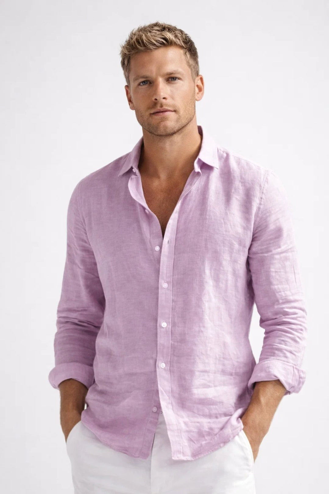 Matthew | Męska lniana koszula button-down, luźna koszula z długim rękawem | Rokishi | Szary