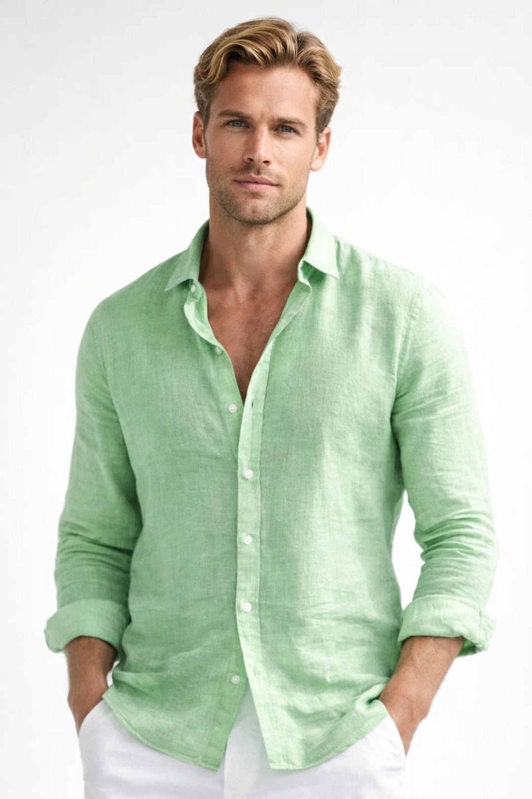 Matthew | Męska lniana koszula button-down, luźna koszula z długim rękawem | Rokishi | Szary