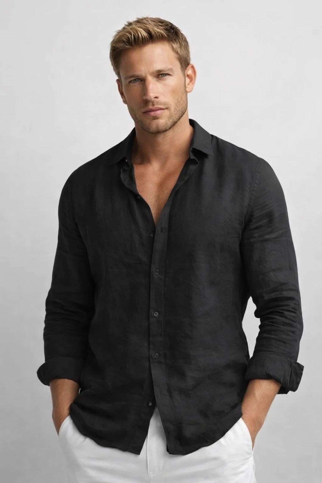 Matthew | Męska lniana koszula button-down, luźna koszula z długim rękawem | Rokishi | Szary
