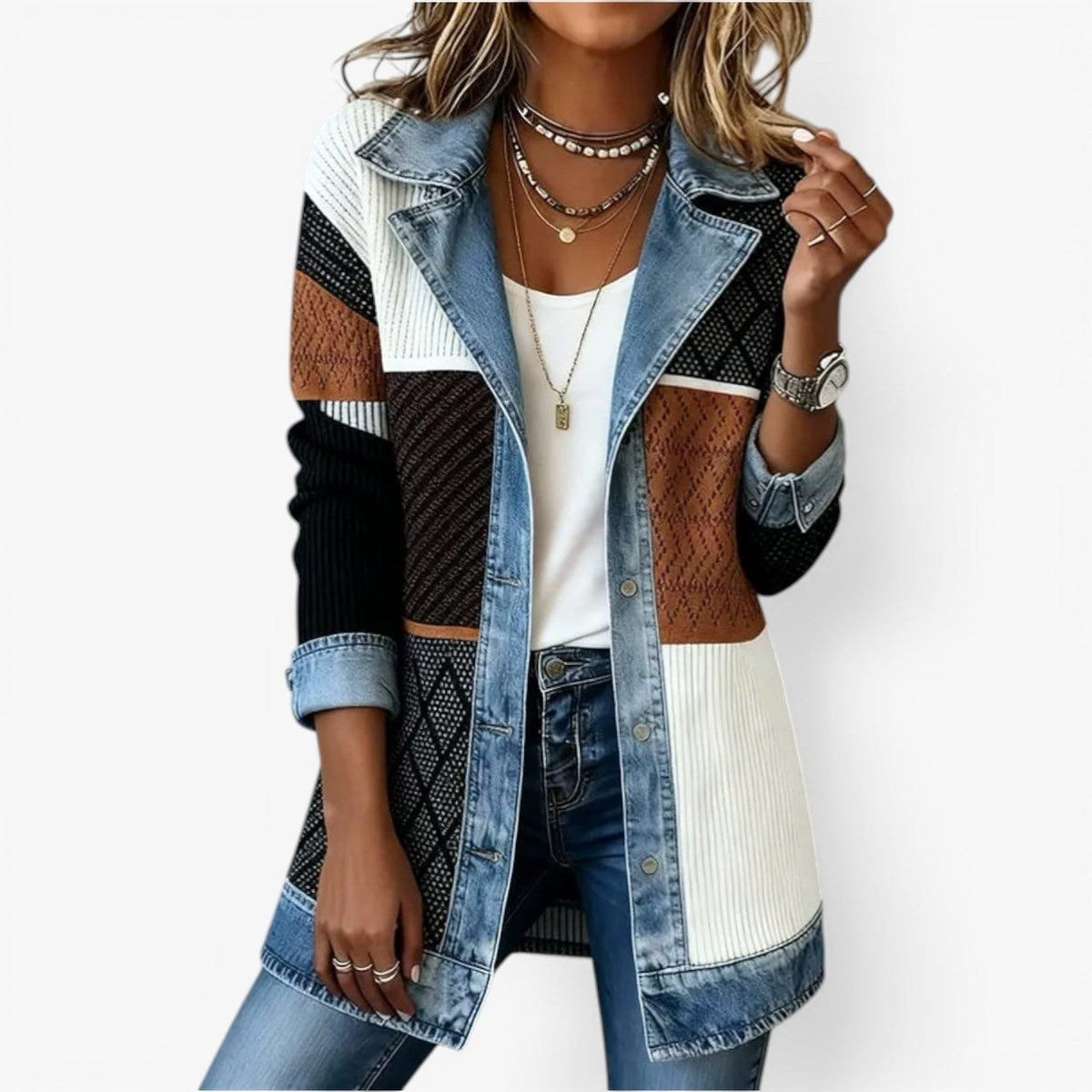 Noelle | Damska hybrydowa kurtka dzianina-denim, swobodna kurtka zapinana na guziki | Rokishi | Biały