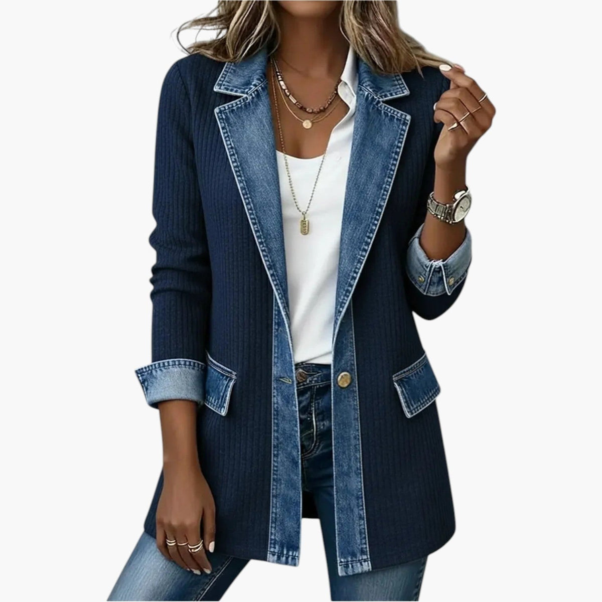 Noelle | Damska hybrydowa kurtka dzianina-denim, swobodna kurtka zapinana na guziki | Rokishi | Biały