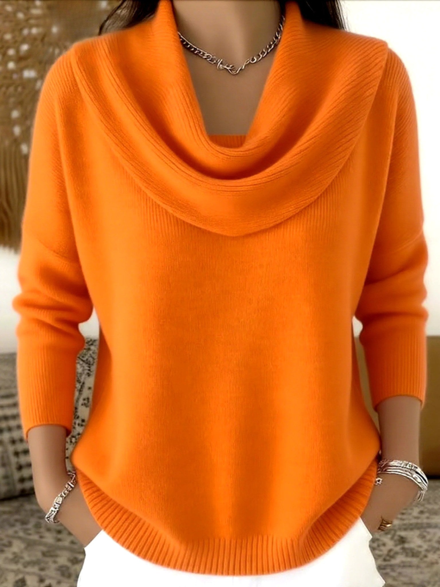 Odette | Damski sweter z wełny merynosów, sweter z dekoltem wodospad | Rokishi | Camelowy
