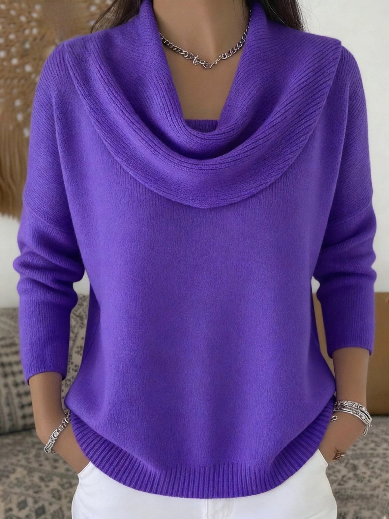 Odette | Damski sweter z wełny merynosów, sweter z dekoltem wodospad | Rokishi | Camelowy